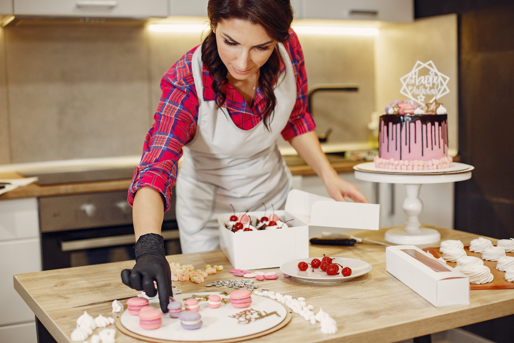 Uma confeiteira na cozinha organizando doces em uma caixa, em uma mesa com um bolo confeitado, e doces em caixas e bandejas